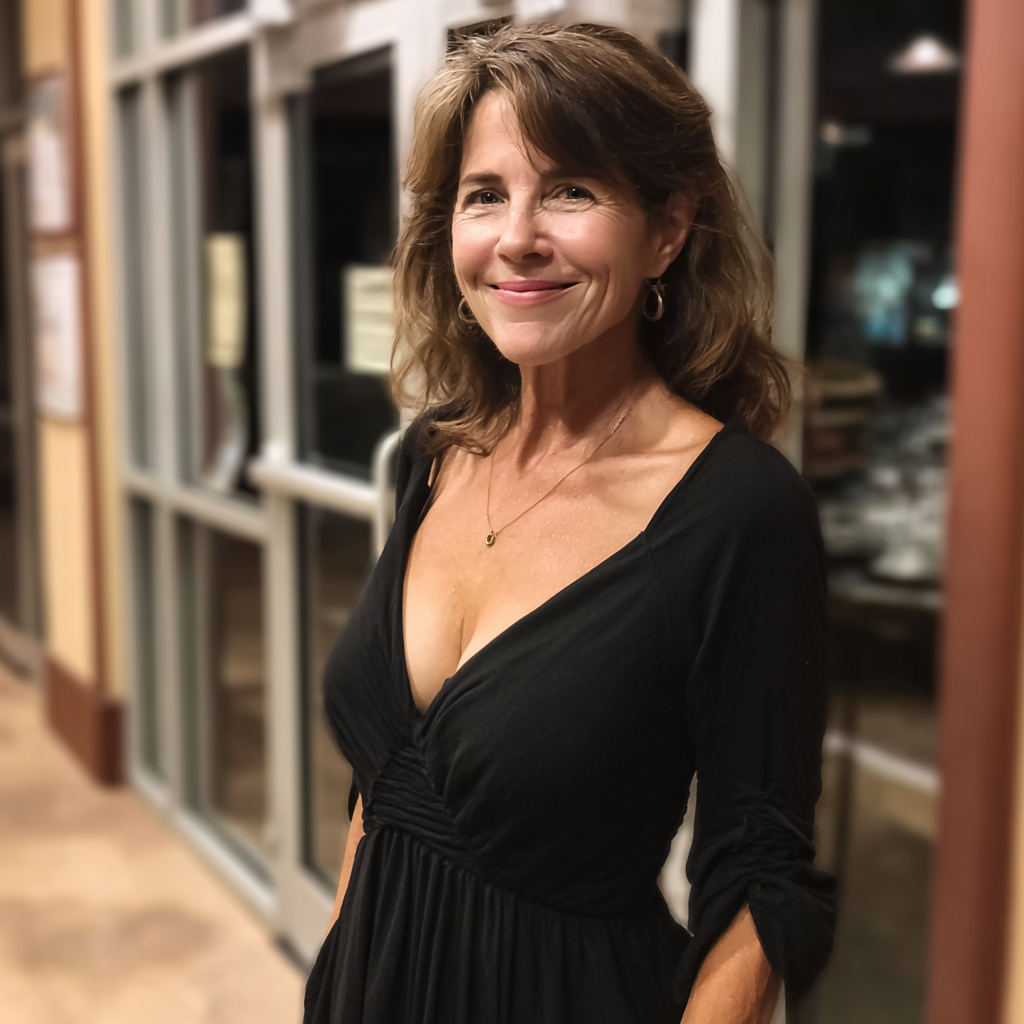 Eine lächelnde ältere Frau in einem schwarzen Kleid | Quelle: Midjourney
