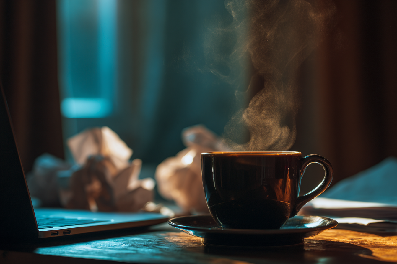 Eine Tasse Kaffee auf einem Schreibtisch | Quelle: Midjourney