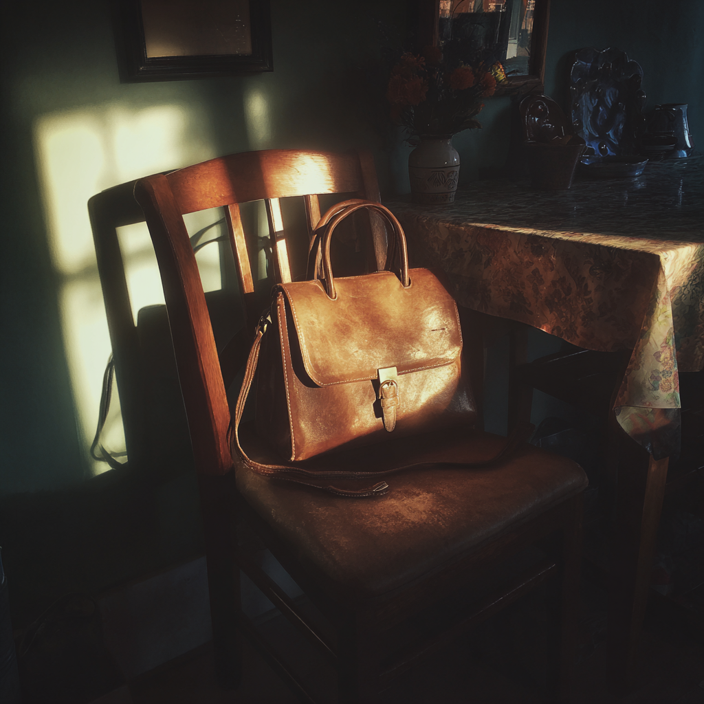Eine braune Handtasche auf einem Küchenstuhl | Quelle: Midjourney