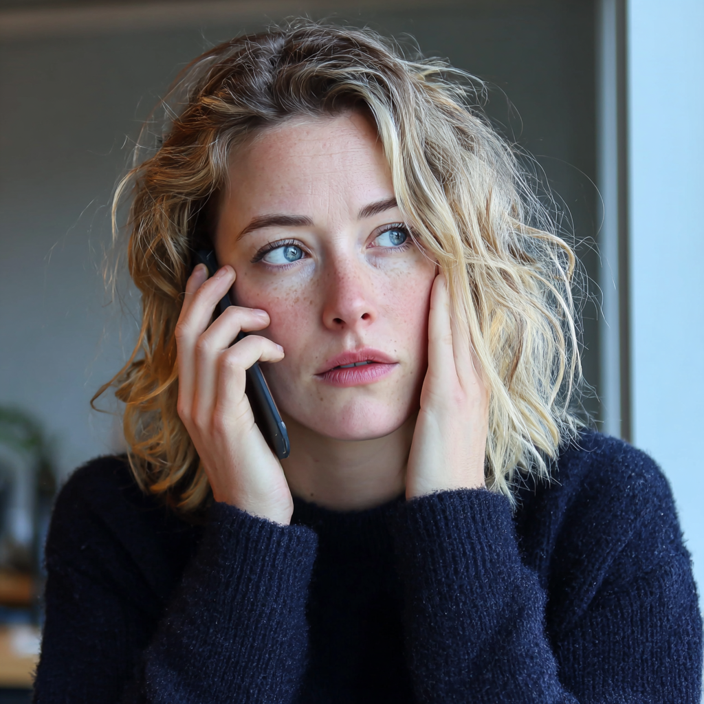Eine Frau, die sich das Gesicht hält und am Telefon spricht | Quelle: Midjourney