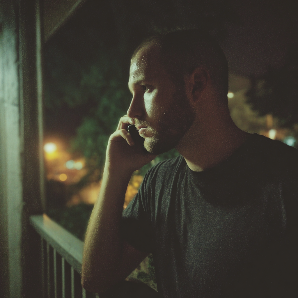Ein Mann steht auf einer Veranda und telefoniert mit einem Handy | Quelle: Midjourney