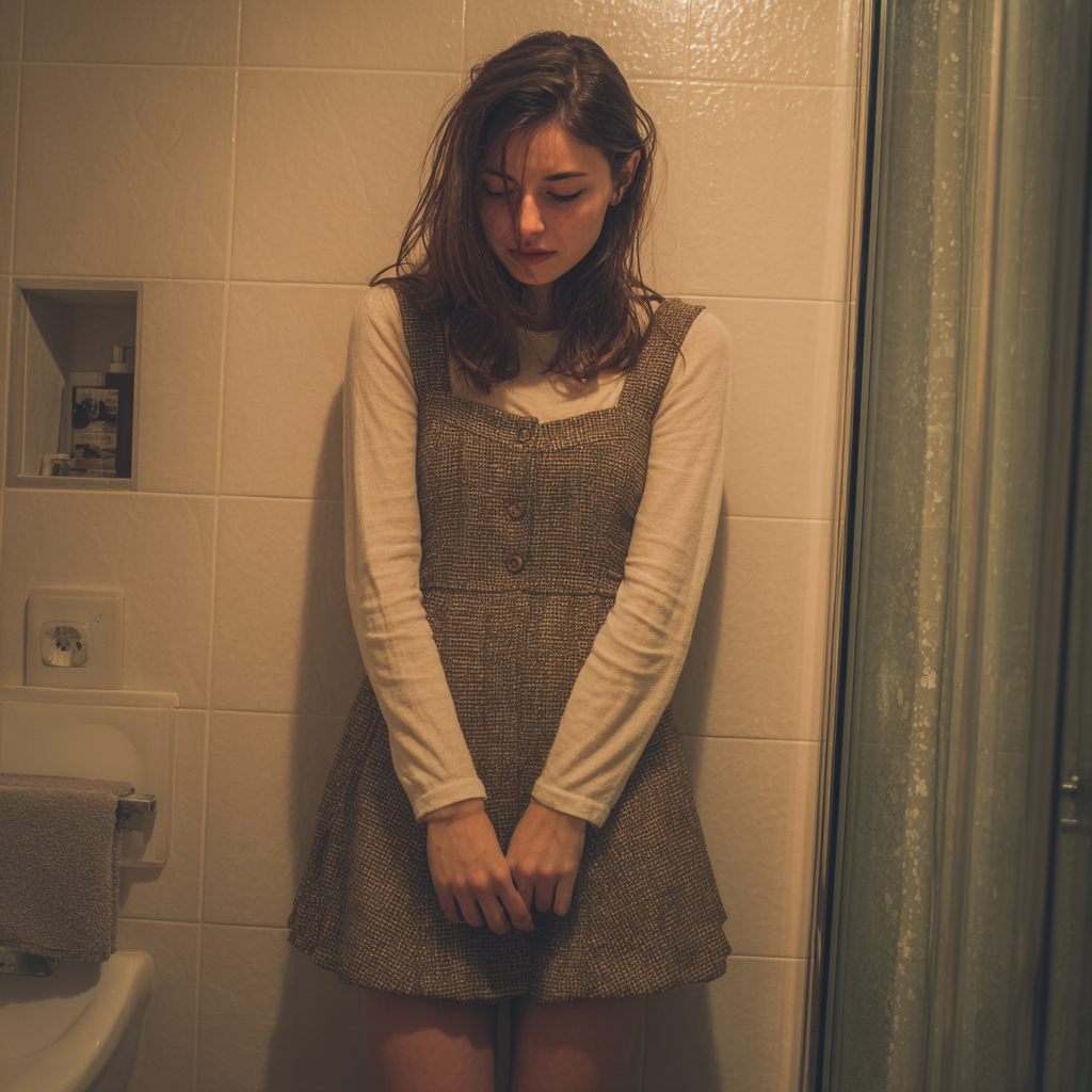 Eine emotionale Frau in einem Badezimmer | Quelle: Midjourney