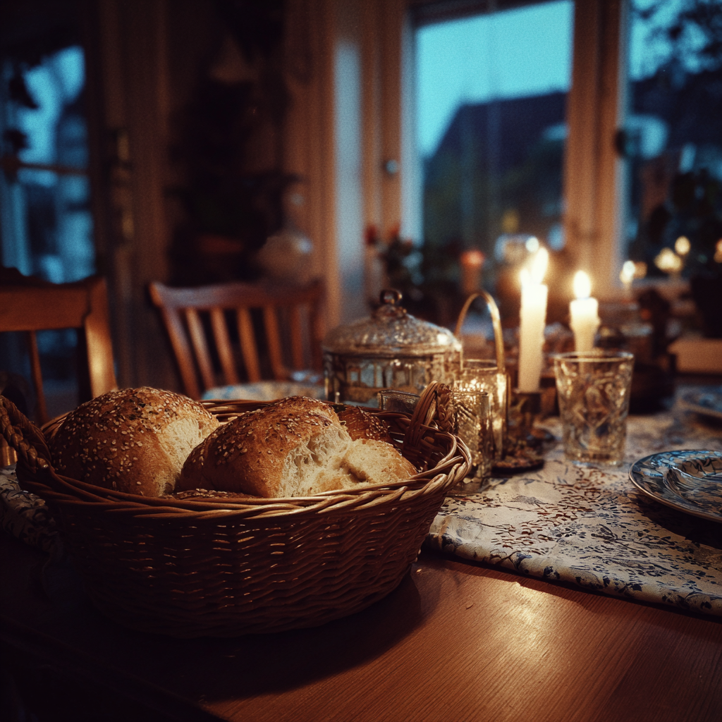 Ein Korb mit Brot auf einem Esstisch | Quelle: Midjourney