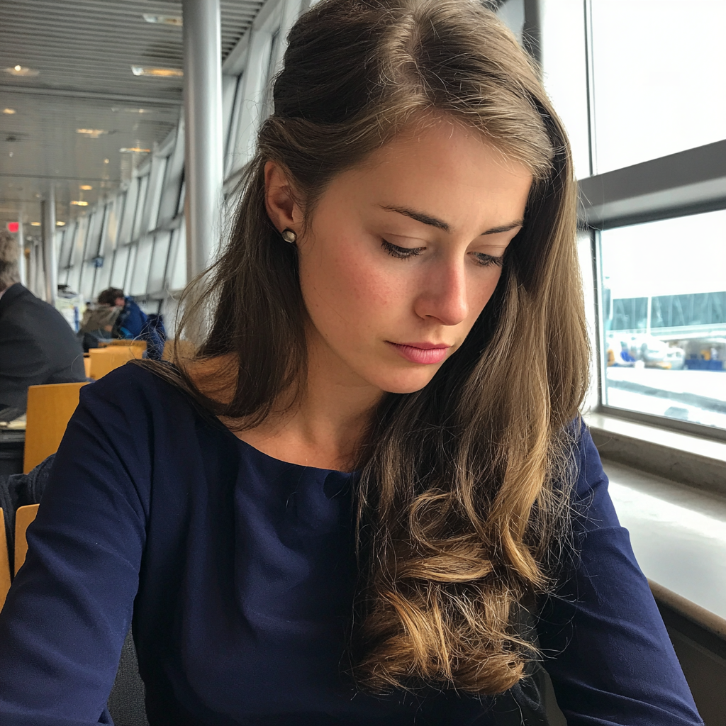 Eine aufgebrachte junge Frau, die in einem Flughafen sitzt | Quelle: Midjourney