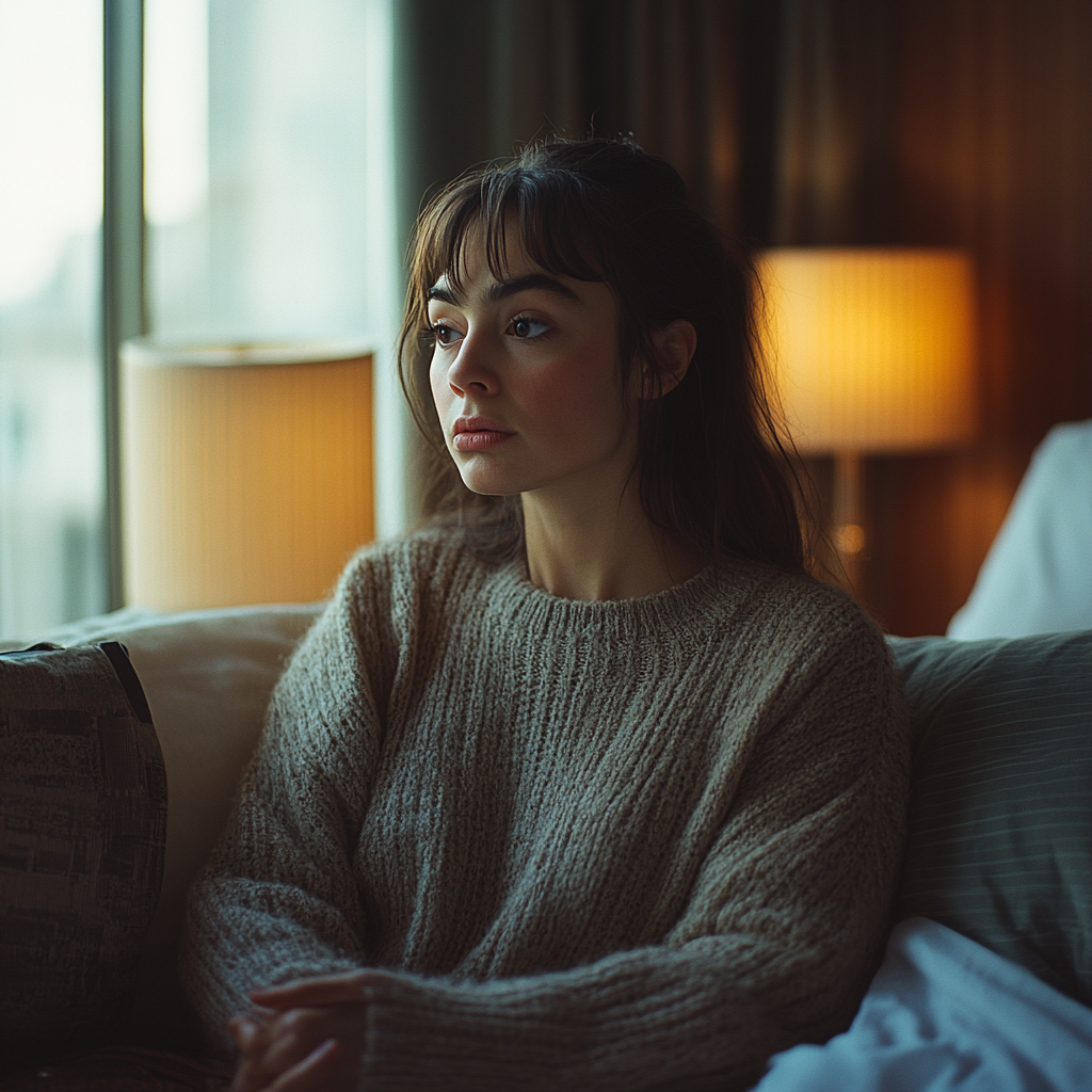 Sarah sitzt und denkt über das nach, was Evelyn ihr erzählt hat | Quelle: Midjourney