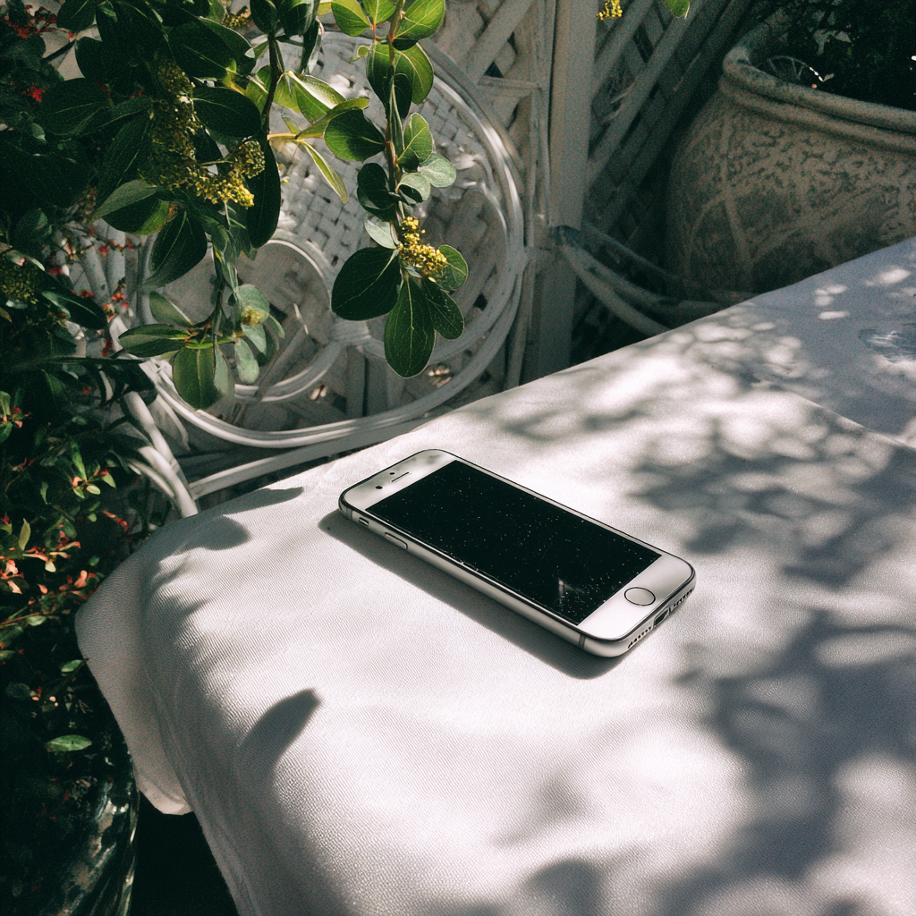 Ein Mobiltelefon auf einem Tisch im Freien | Quelle: Midjourney