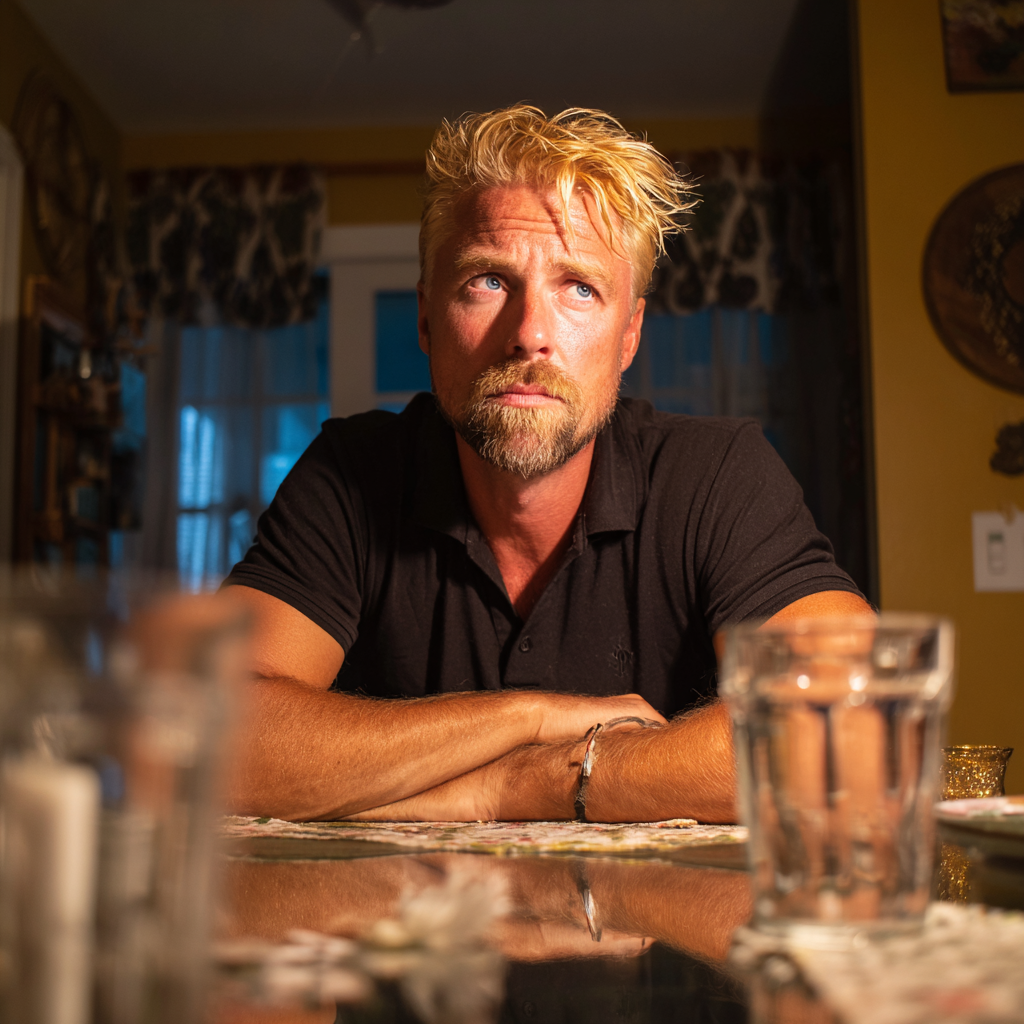 Ein unbeeindruckter Mann, der an einem Esstisch sitzt | Quelle: Midjourney
