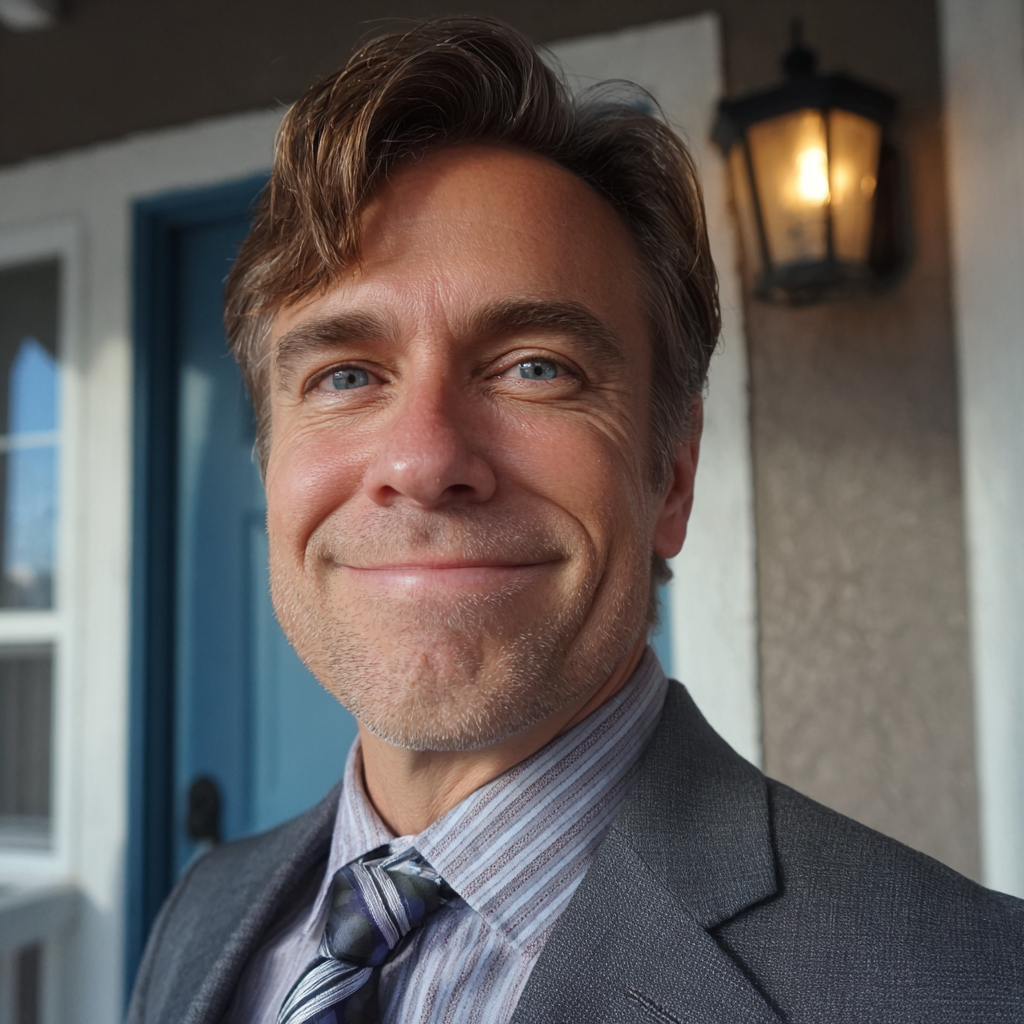 Ein lächelnder Mann, der auf einer Veranda steht | Quelle: Midjourney