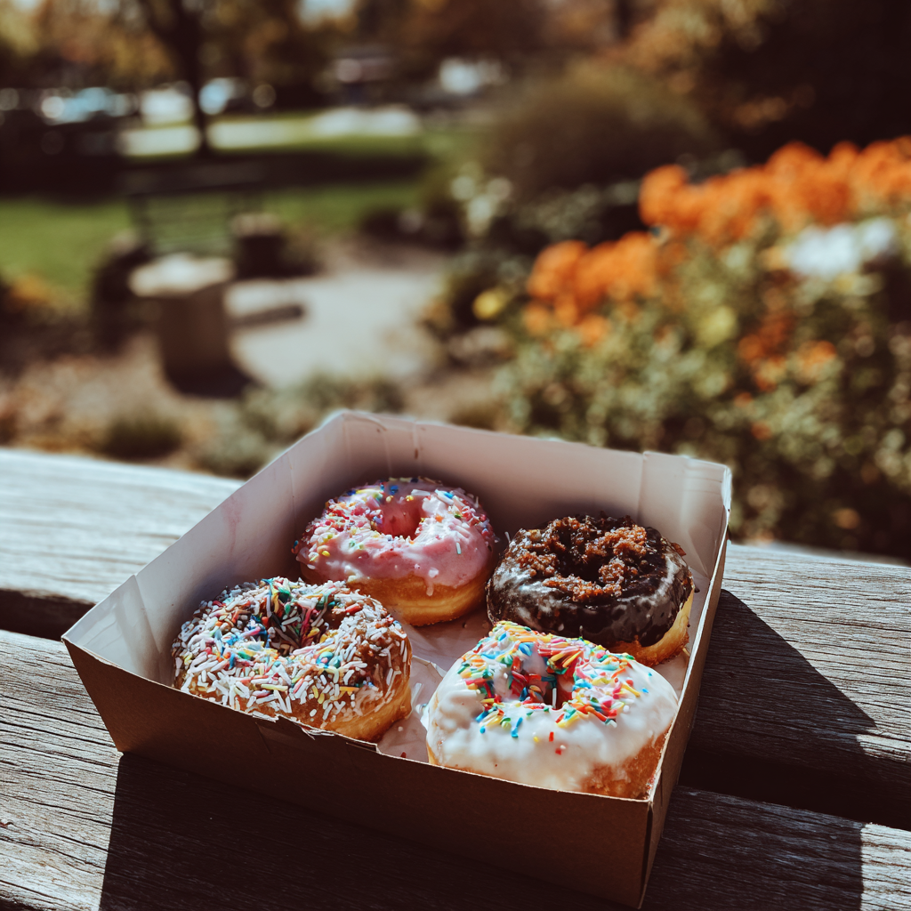 Eine Schachtel mit Donuts auf einer Parkbank | Quelle: Midjourney