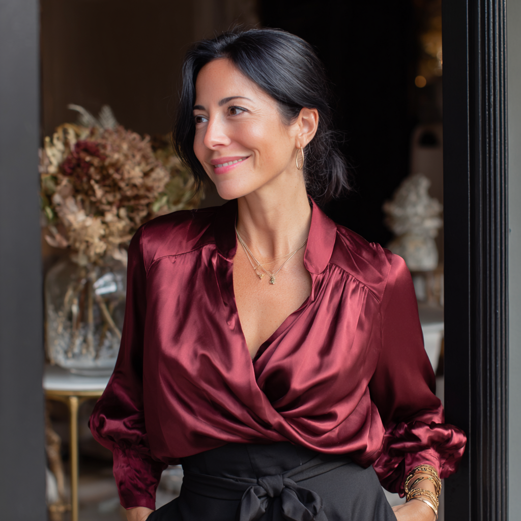 Eine lächelnde Frau in einer Seidenbluse | Quelle: Midjourney
