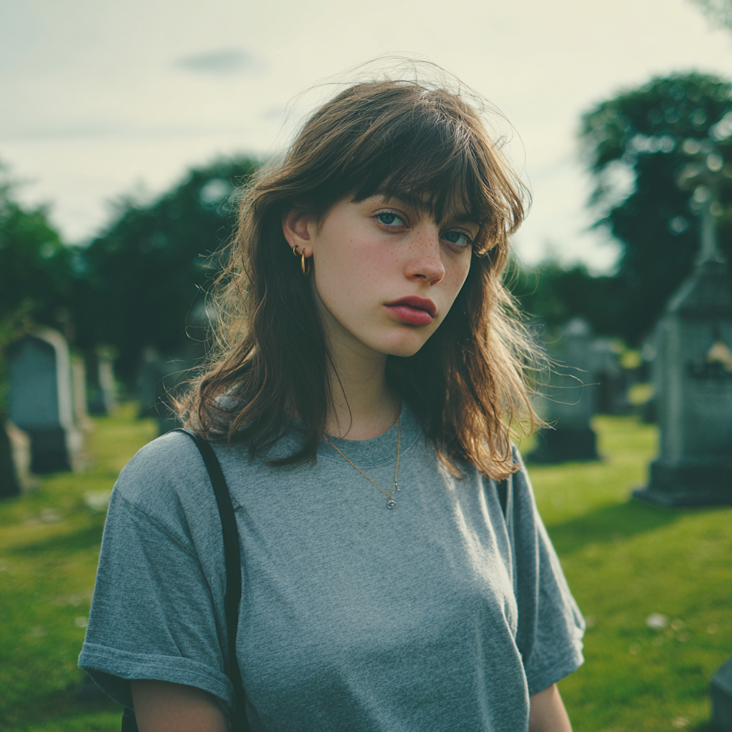Eine nachdenkliche junge Frau, die auf einem Friedhof steht | Quelle: Midjourney