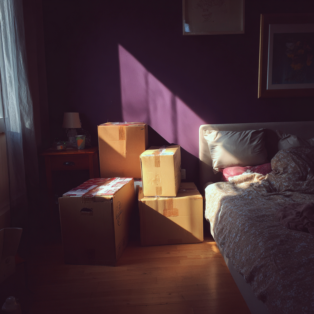 Pappkartons in einem Schlafzimmer | Quelle: Midjourney