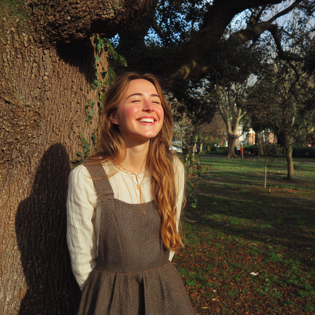 Eine lächelnde Frau, die ein Schürzenkleid trägt | Quelle: Midjourney