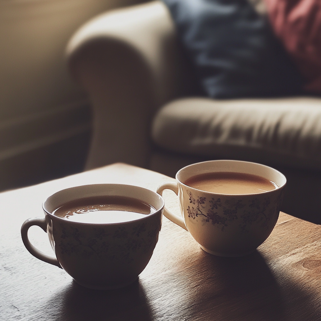 Tassen mit Tee auf einem Couchtisch | Quelle: Midjourney