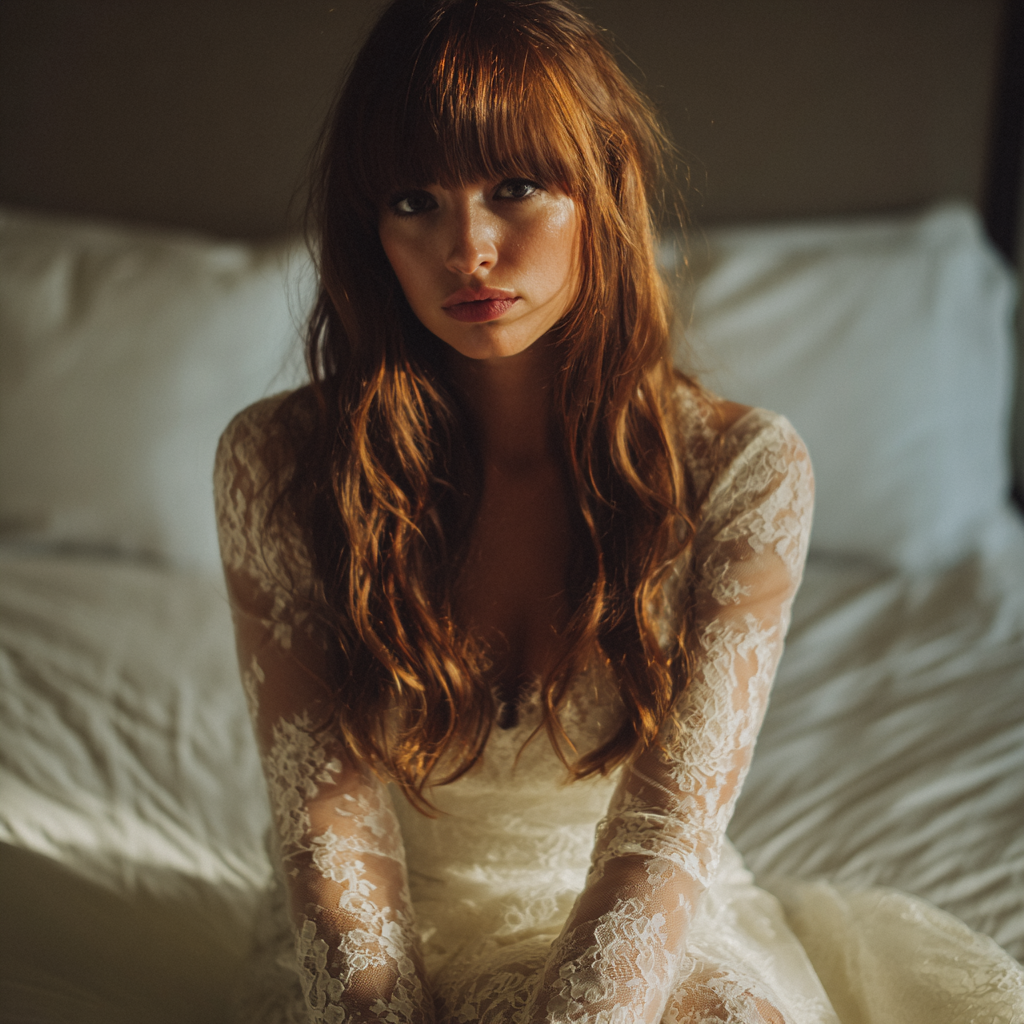 Eine aufgebrachte Frau, die auf einem Bett sitzt | Quelle: Midjourney