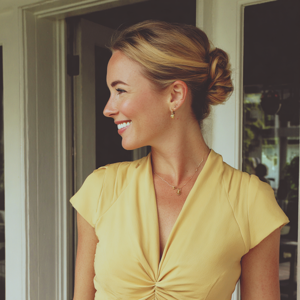 Eine lächelnde Frau, die auf einer Veranda steht | Quelle: Midjourney