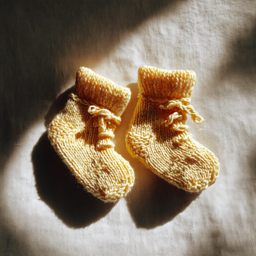 Ein Paar gelbe gehäkelte Neugeborenensocken | Quelle: Midjourney