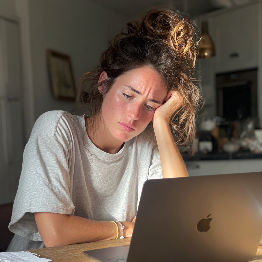 Eine erschöpfte Frau an ihrem Laptop | Quelle: Midjourney