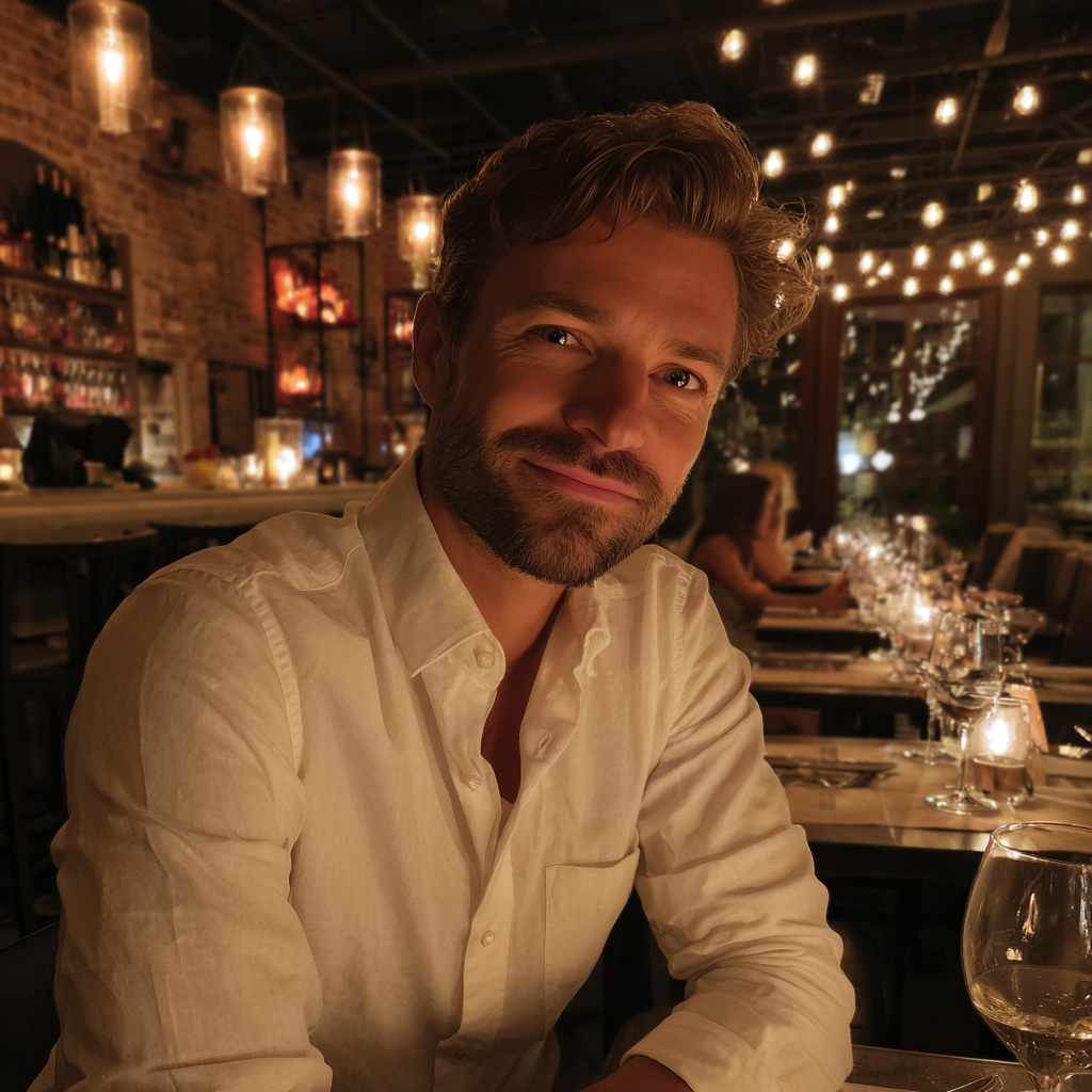 Ein lächelnder Mann sitzt in einem Restaurant | Quelle: Midjourney