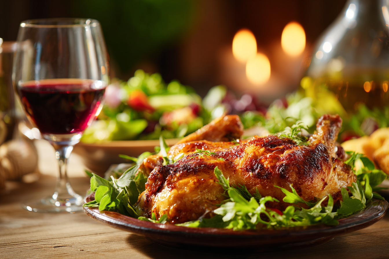 Gebratenes Hähnchen mit Salat und Rotwein auf einem Esstisch | Quelle: Midjourney