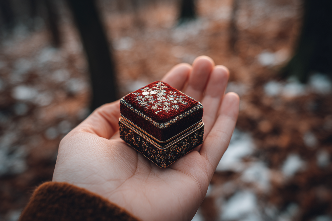 Eine Samtbox in der Hand einer Frau | Quelle: Midjourney