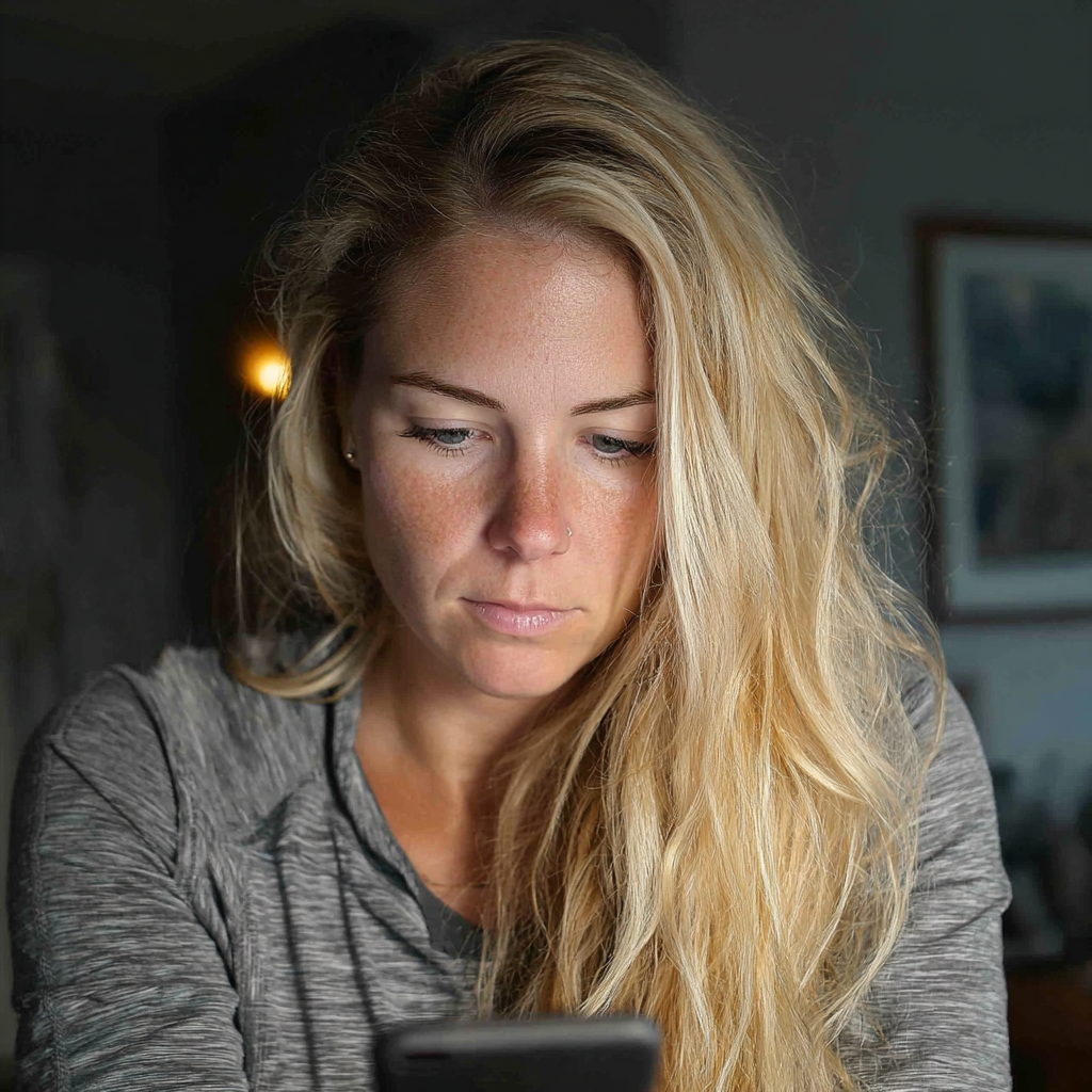 Eine besorgte Frau benutzt ihr Handy | Quelle: Midjourney