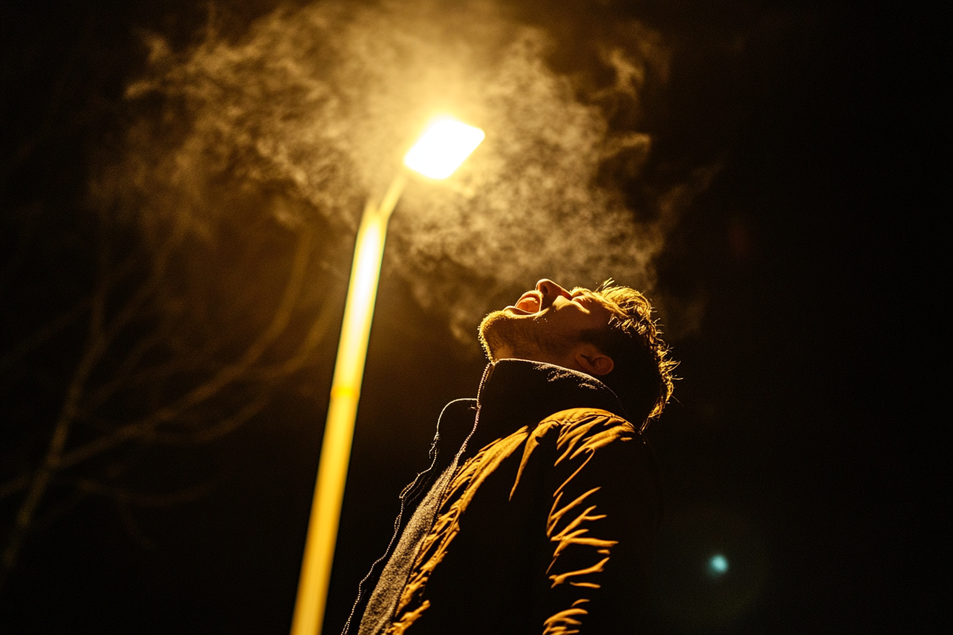 Ein Mann, der nachts auf der Straße schreit | Quelle: Midjourney