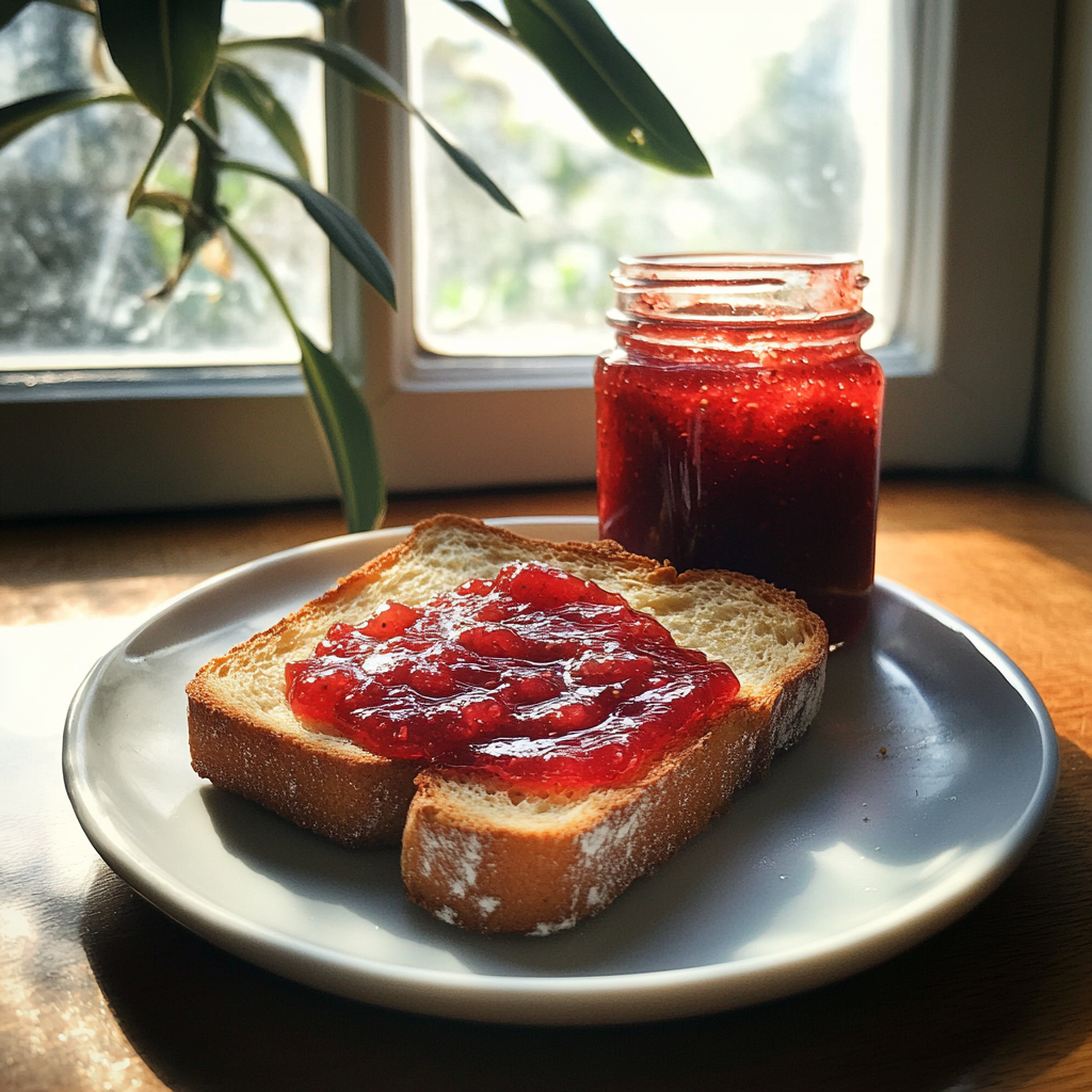 Toast und Erdbeermarmelade auf einem Teller | Quelle: Midjourney
