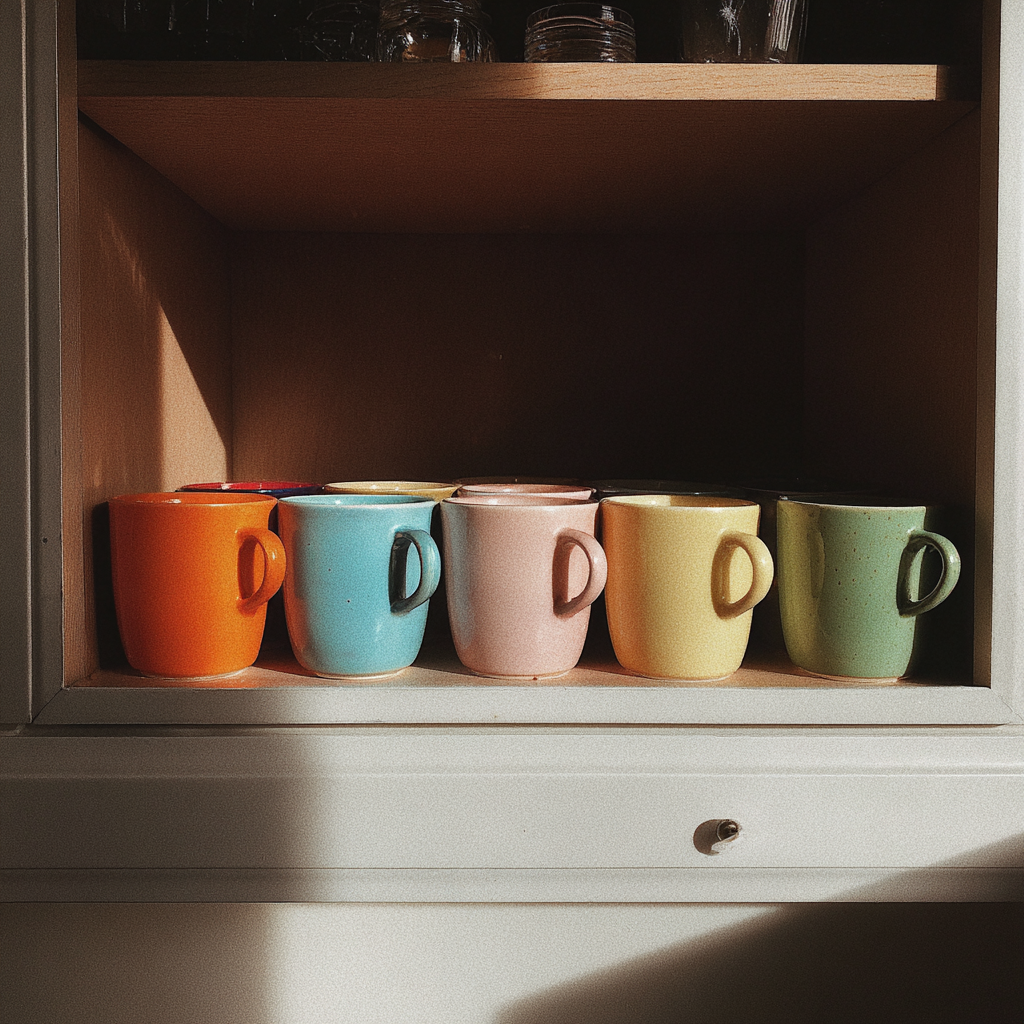 Eine Reihe von bunten Tassen in einem Schrank | Quelle: Midjourney