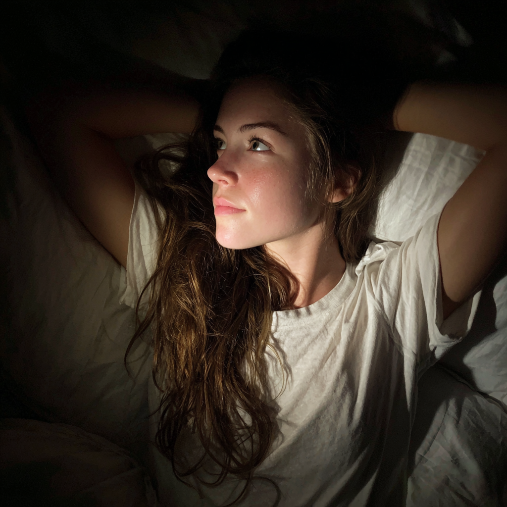 Eine nachdenkliche Frau liegt in ihrem Bett | Quelle: Midjourney