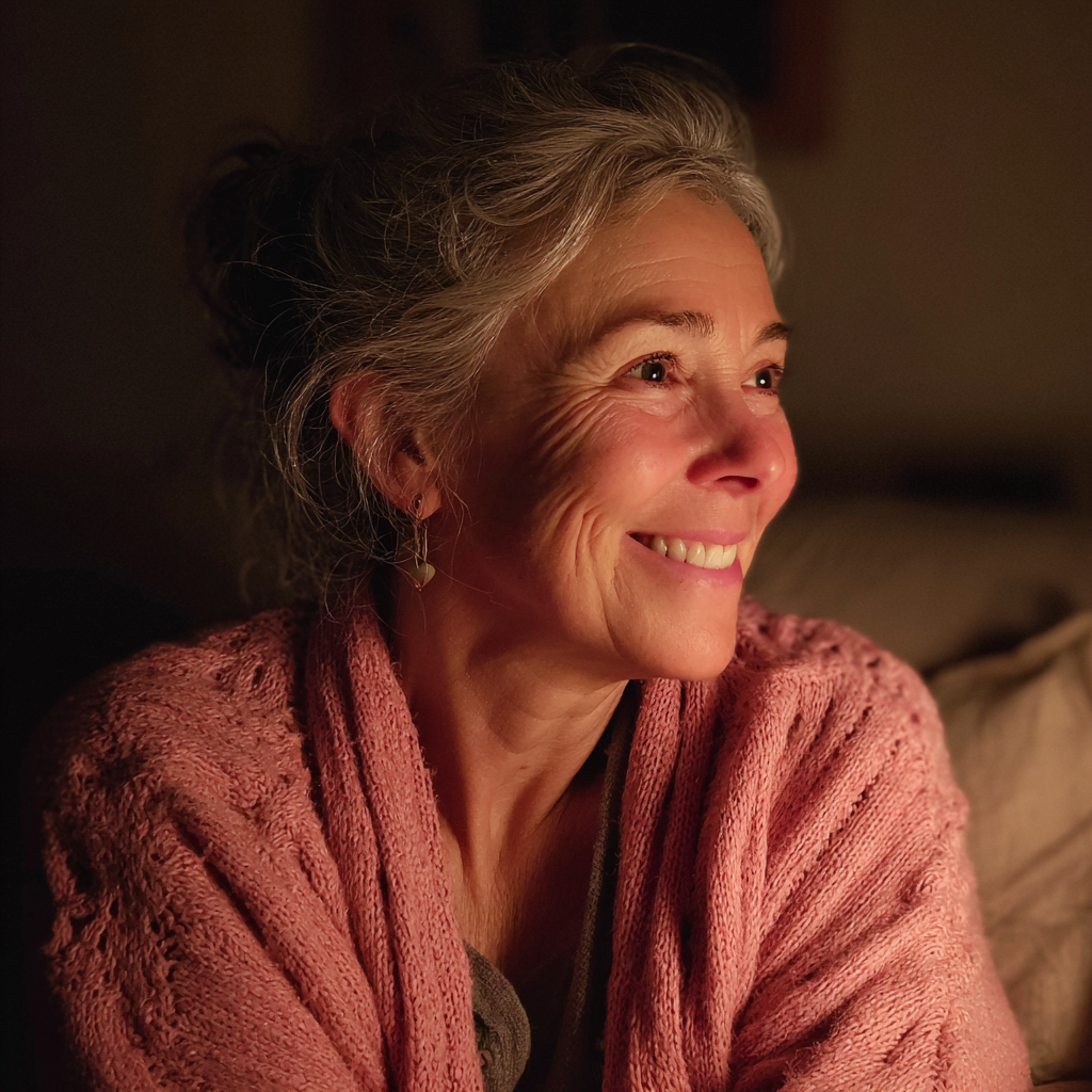 Eine lächelnde Frau, die auf einer Couch sitzt | Quelle: Midjourney