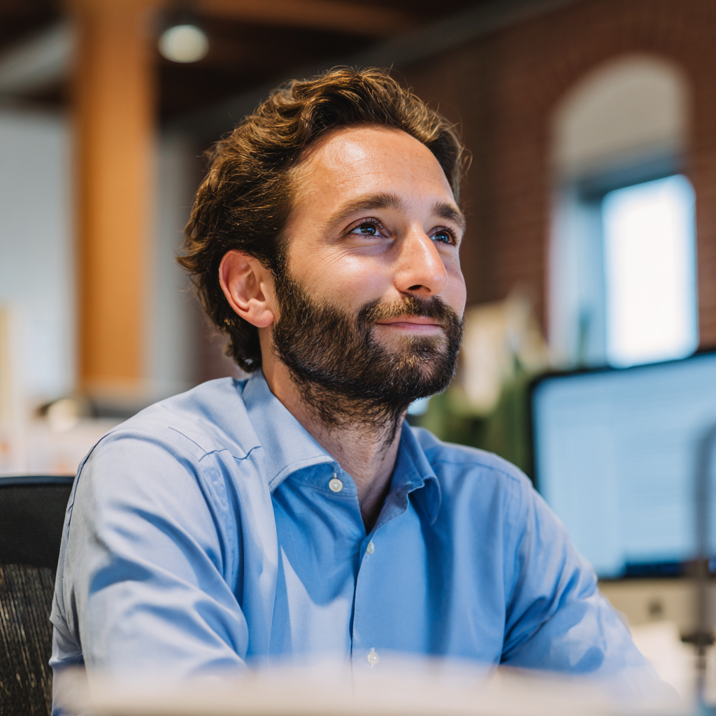 Ein lächelnder Mann, der in einem Büro sitzt | Quelle: Midjourney