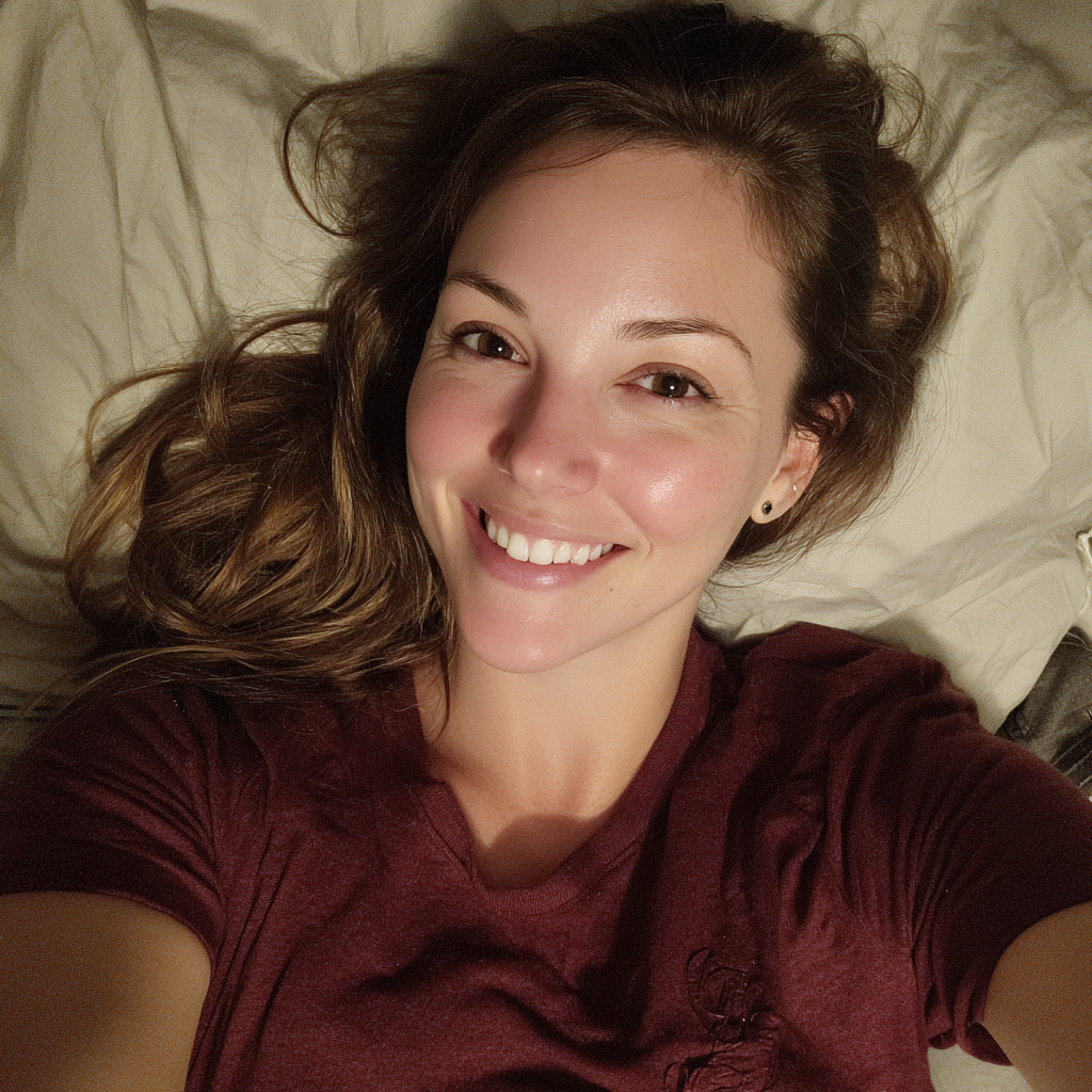 Eine lächelnde Frau, die in ihrem Bett liegt | Quelle: Midjourney