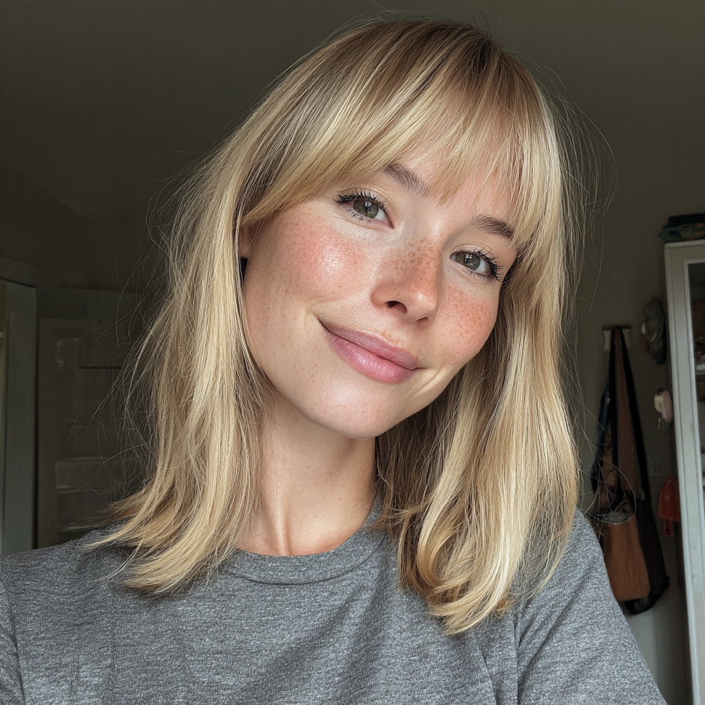 Eine lächelnde Frau in einem grauen T-Shirt | Quelle: Midjourney