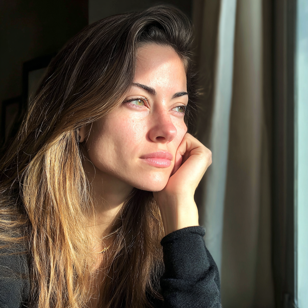 Eine nachdenkliche Frau, die aus dem Fenster schaut | Quelle: Midjourney