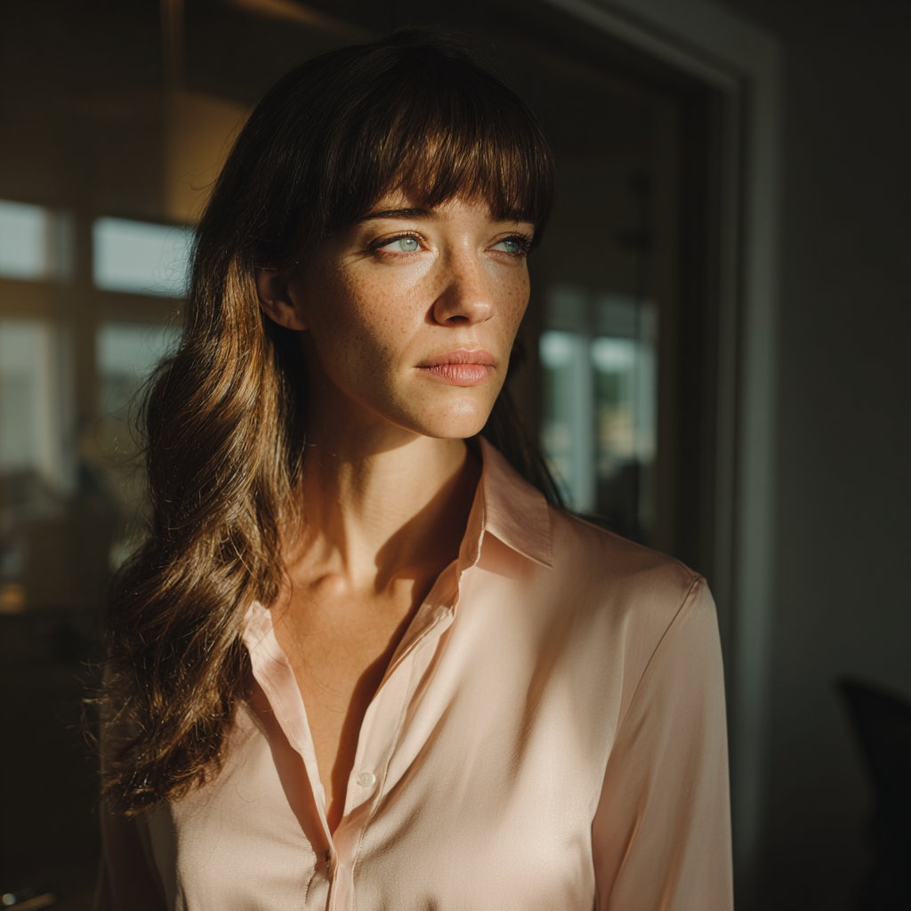 Eine nachdenkliche Frau, die in einem Büro steht | Quelle: Midjourney