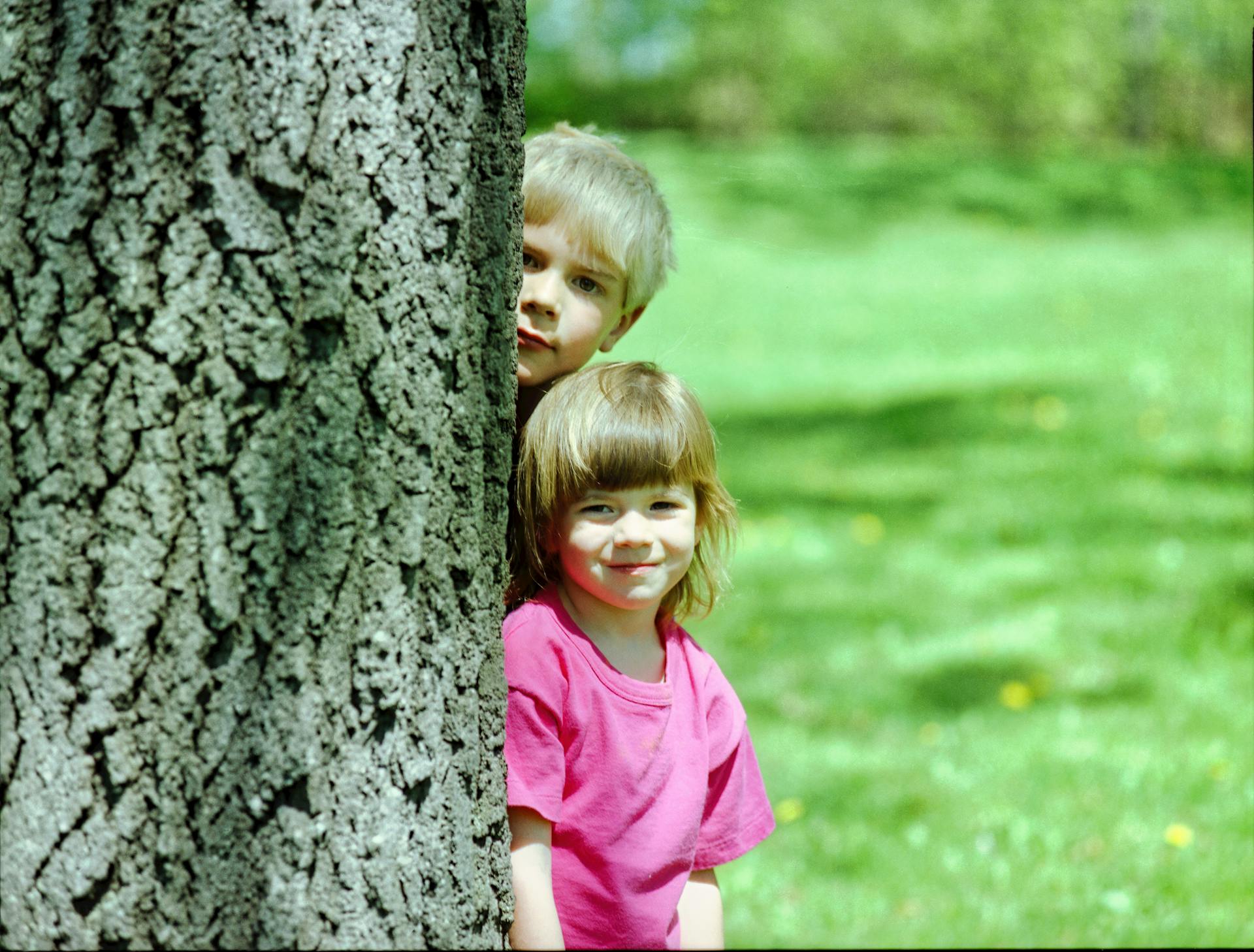 Ein Junge und ein Mädchen stehen hinter einem Baum | Quelle: Pexels