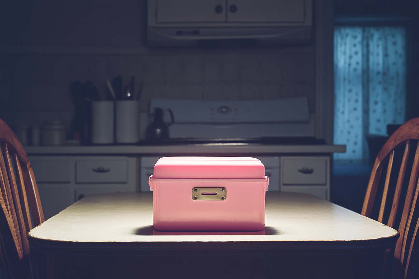 Eine rosa Lunchbox auf einem Tisch | Quelle: Midjourney