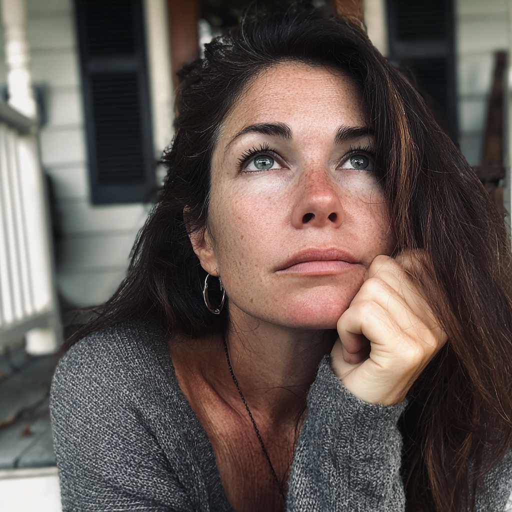 Eine emotionale Frau, die auf einer Verandastufe sitzt | Quelle: Midjourney