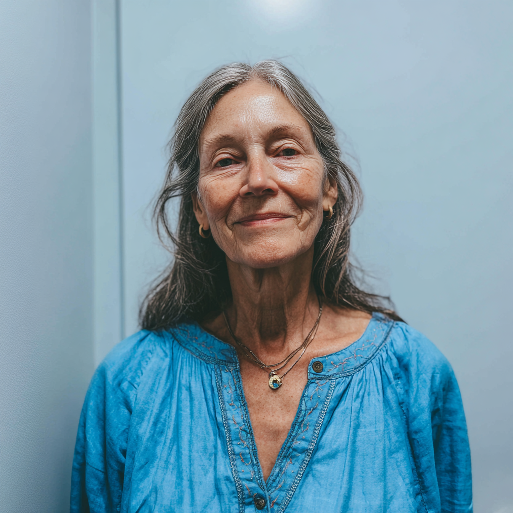 Eine lächelnde ältere Frau in einer blauen Bluse | Quelle: Midjourney