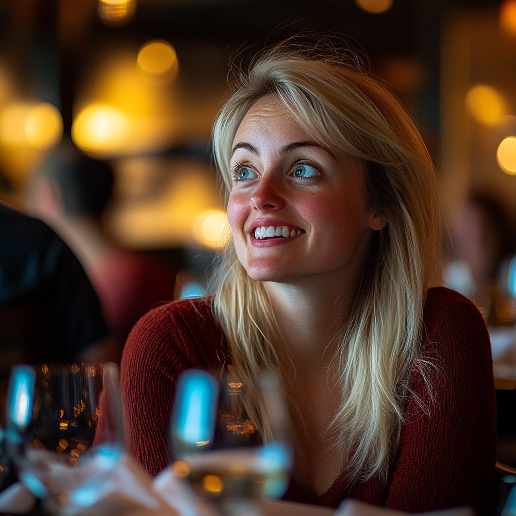 Eine Frau lacht, während sie in einem gehobenen Restaurant sitzt | Quelle: Midjourney