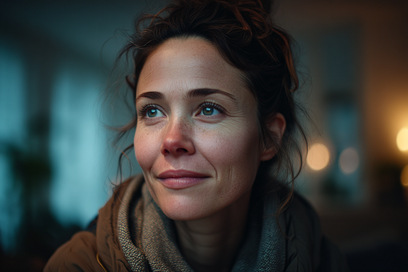 Eine Frau sitzt in ihrem Wohnzimmer | Quelle: Midjourney