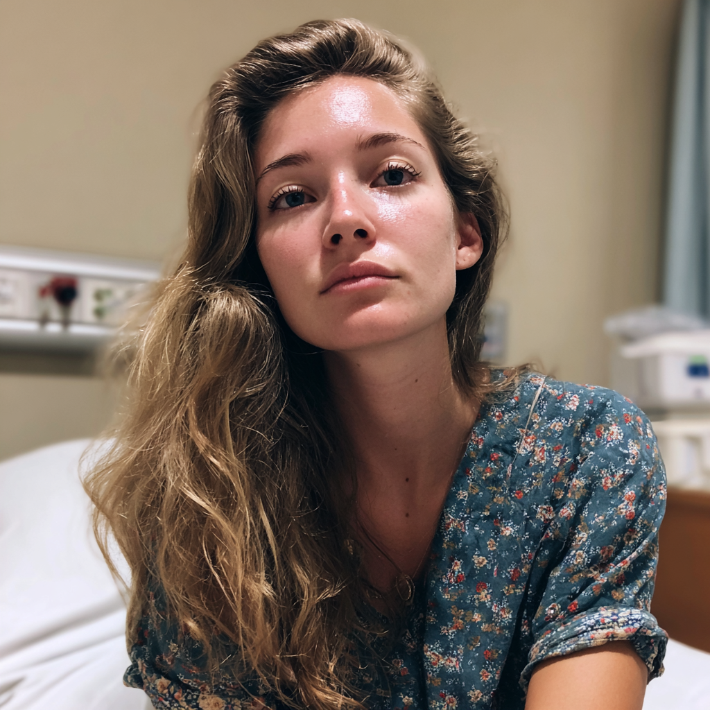 Eine Nahaufnahme einer Frau, die auf einem Krankenhausbett sitzt | Quelle: Midjourney