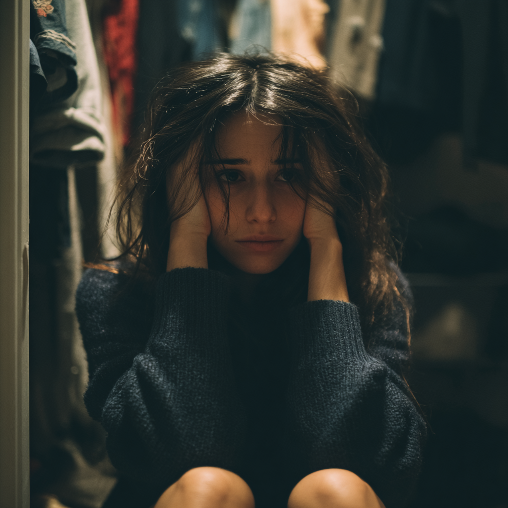 Eine emotionale Frau, die einen marineblauen Pullover trägt | Quelle: Midjourney