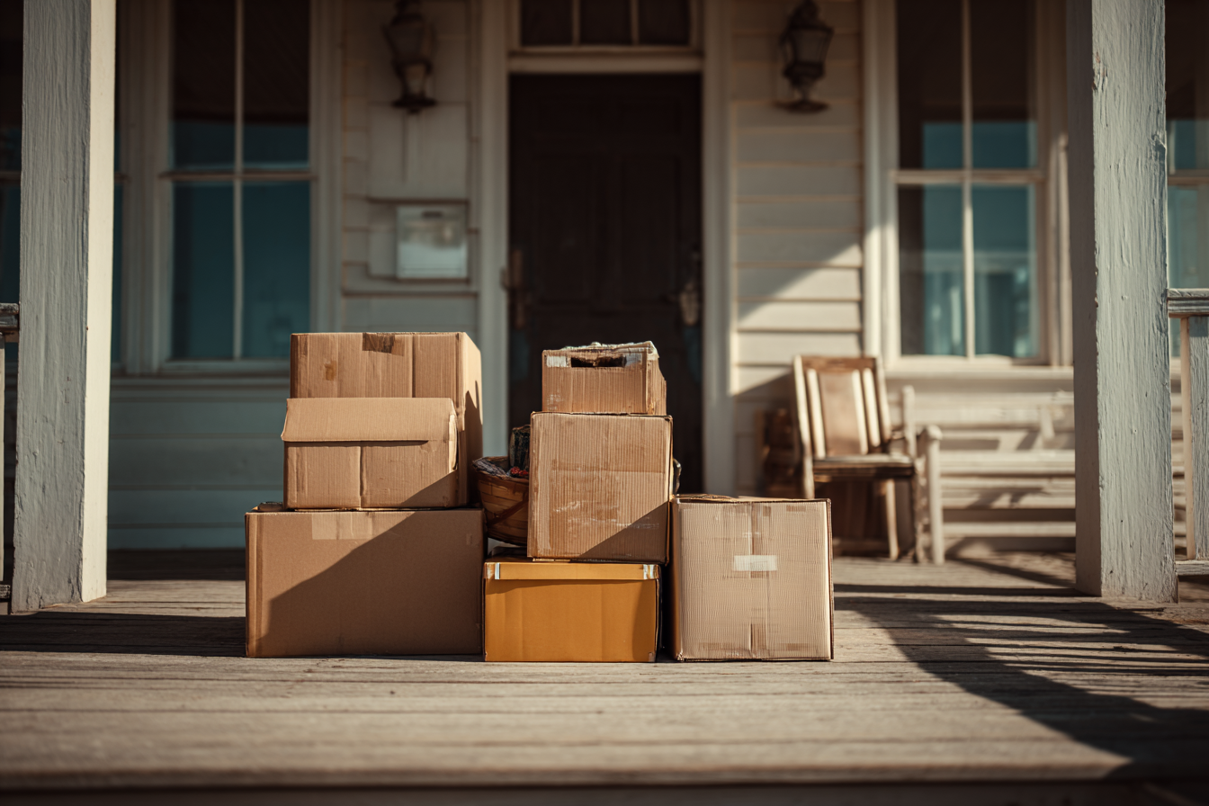 Pappkartons auf der Veranda eines Hauses | Quelle: Midjourney