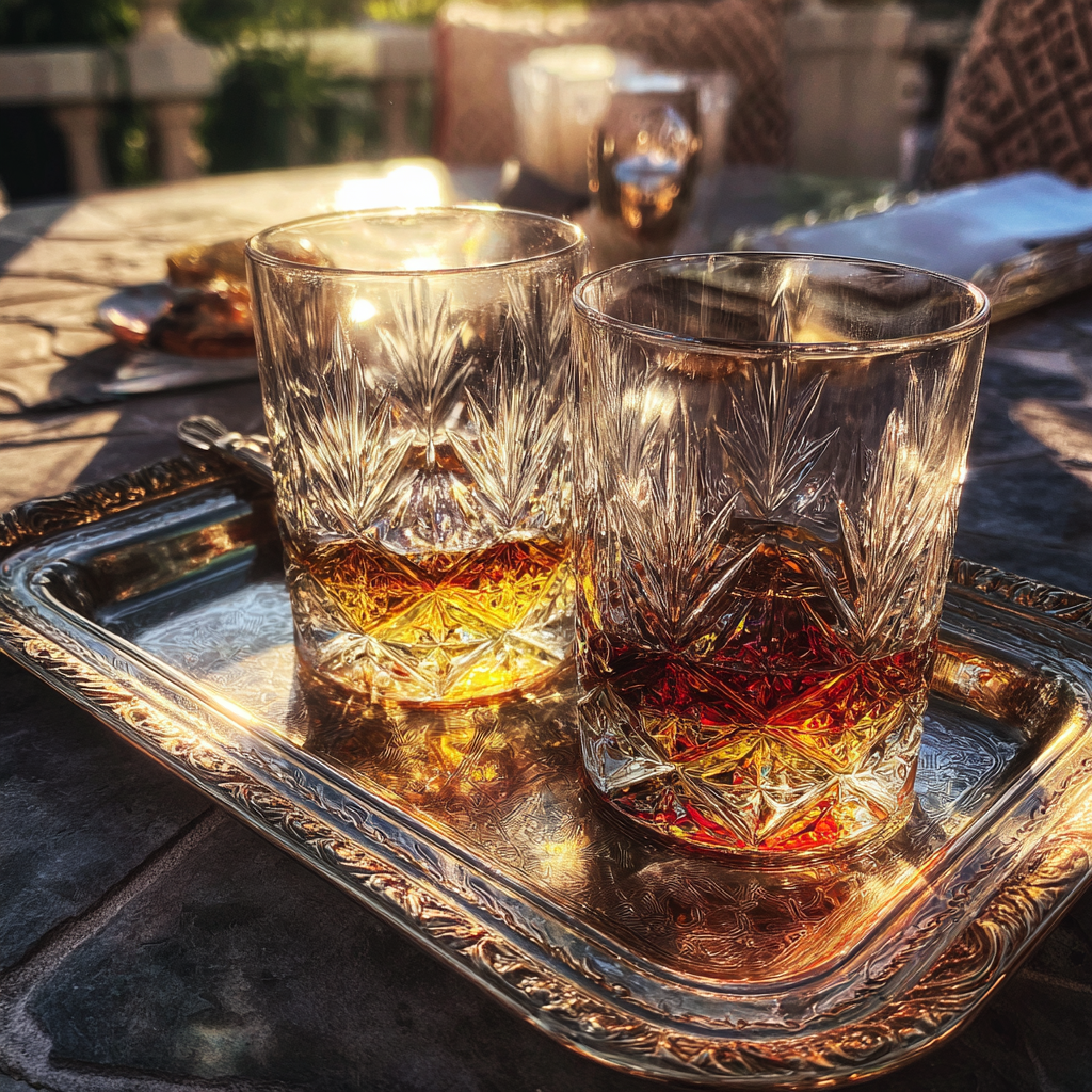 Gläser mit Whiskey auf einem Silbertablett | Quelle: Midjourney