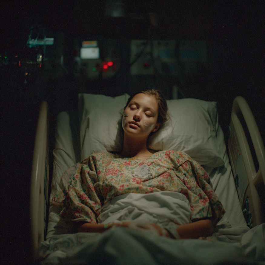 Eine junge Frau in einem Krankenhausbett | Quelle: Midjourney