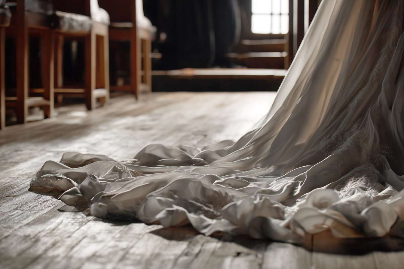Eine Schleppe im Brautkleid | Quelle: Midjourney