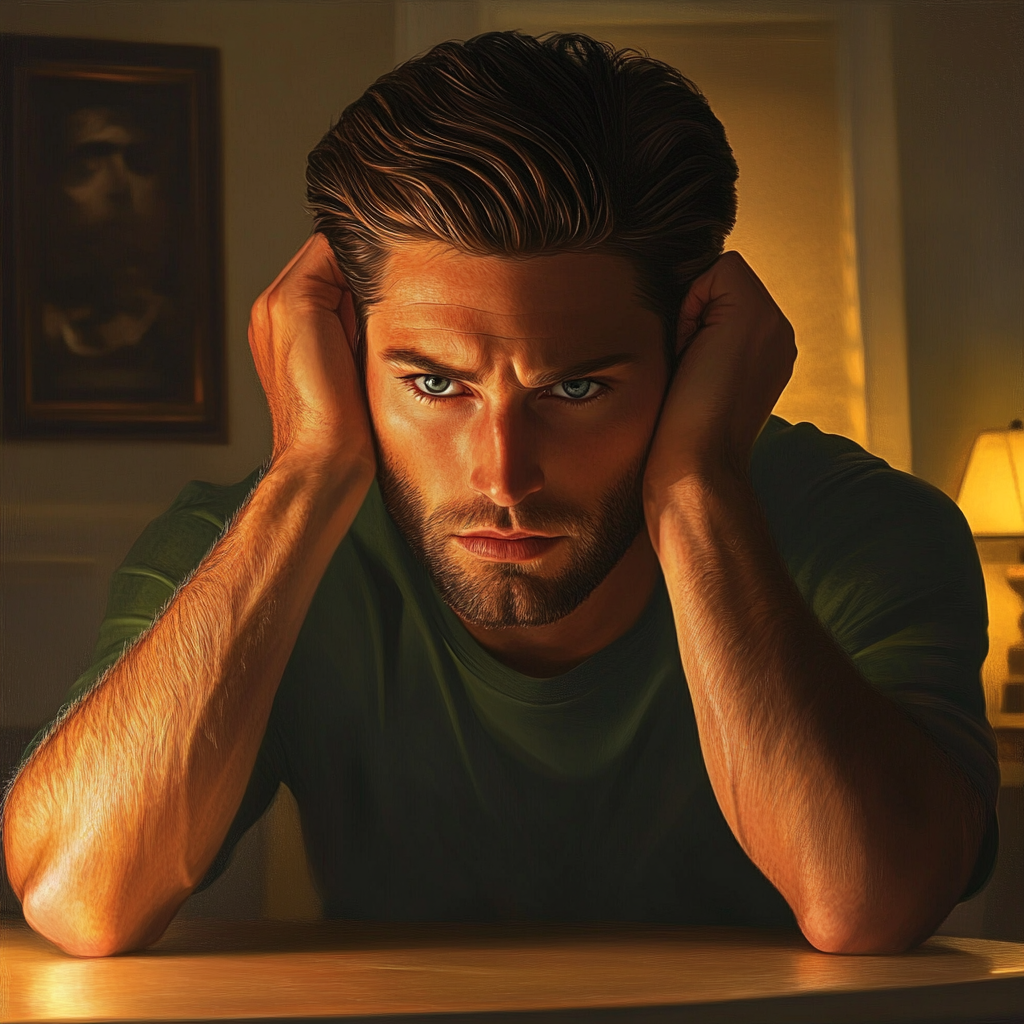 Ein gestresster Mann, der an einem Tisch sitzt | Quelle: Midjourney