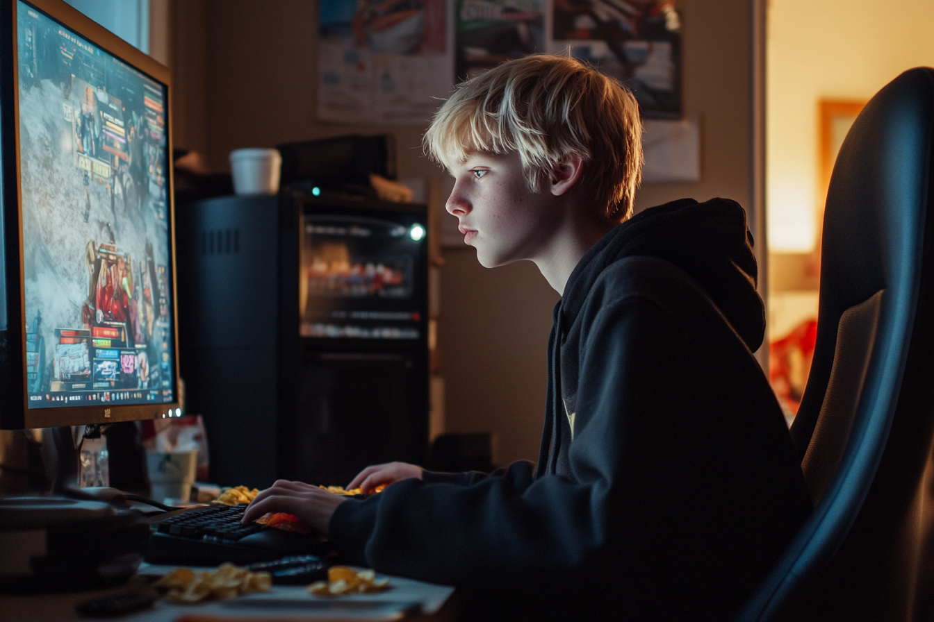 Ein blonder Teenager spielt Computerspiele mit Chips auf seinem Schreibtisch | Quelle: Midjourney